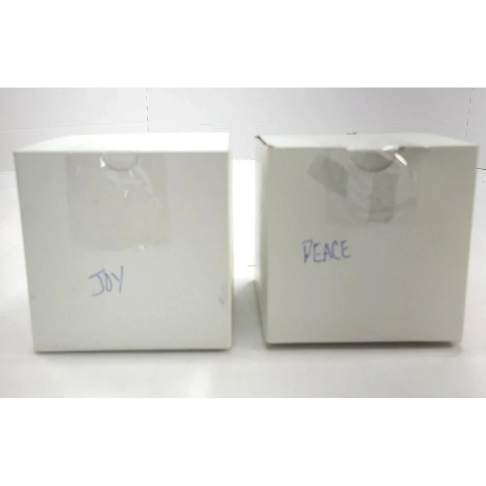 2 Clear Hand Blown Glass Christmas Ornaments Iridescent Etched Joy Peace